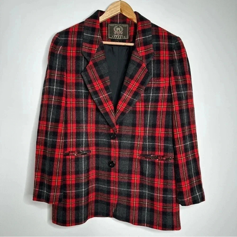 Express Vintage Red Plaid Oversized Wool Blend Blazer Size Small